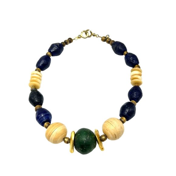 Vtg Signed EC Necklace Chunky Primitive Blue Green Glass Beads Gold Tone Accents - Picture 1 of 12